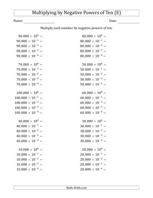 The Learning to Multiply Numbers (Range 1 to 10) by Negative Powers of Ten in Exponent Form (Whole Number Answers) (E) Math Worksheet