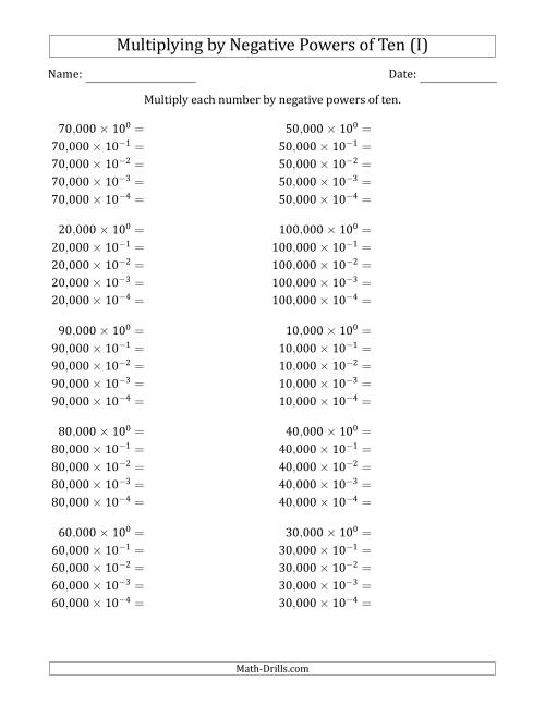 The Learning to Multiply Numbers (Range 1 to 10) by Negative Powers of Ten in Exponent Form (Whole Number Answers) (I) Math Worksheet