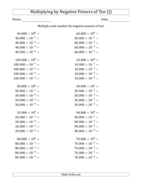 The Learning to Multiply Numbers (Range 1 to 10) by Negative Powers of Ten in Exponent Form (Whole Number Answers) (J) Math Worksheet