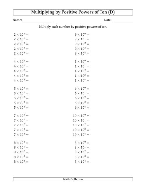 The Learning to Multiply Numbers (Range 1 to 10) by Positive Powers of Ten in Exponent Form (D) Math Worksheet