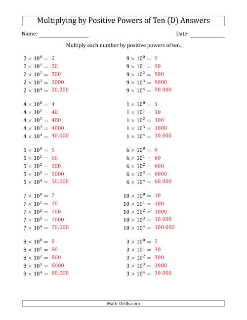 The Learning to Multiply Numbers (Range 1 to 10) by Positive Powers of Ten in Exponent Form (D) Math Worksheet Page 2