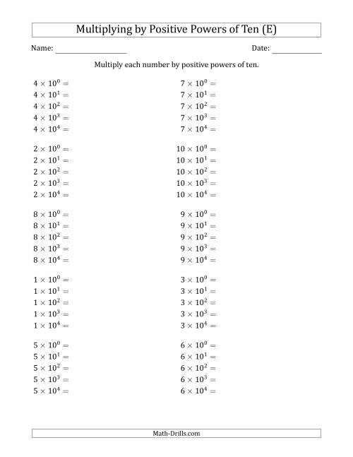 The Learning to Multiply Numbers (Range 1 to 10) by Positive Powers of Ten in Exponent Form (E) Math Worksheet