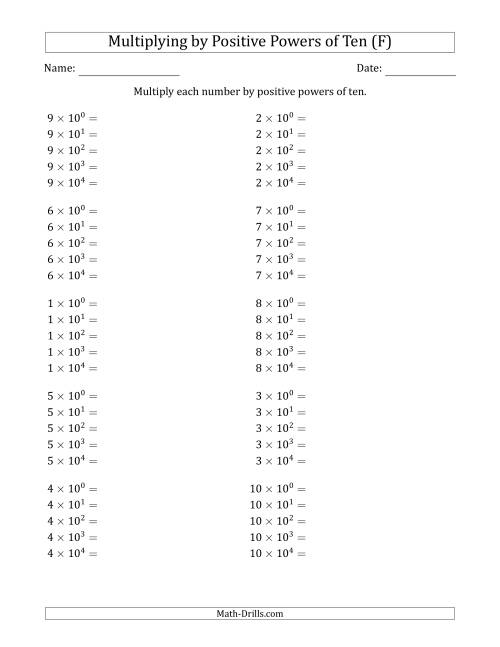 The Learning to Multiply Numbers (Range 1 to 10) by Positive Powers of Ten in Exponent Form (F) Math Worksheet