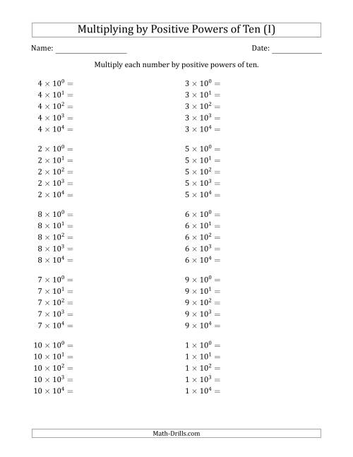 The Learning to Multiply Numbers (Range 1 to 10) by Positive Powers of Ten in Exponent Form (I) Math Worksheet