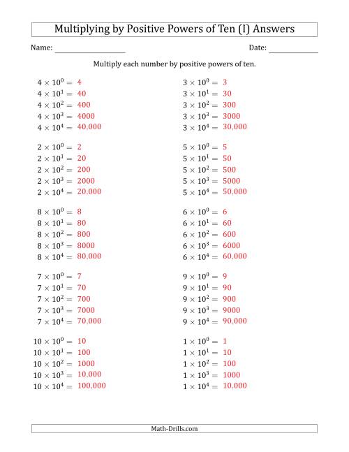 The Learning to Multiply Numbers (Range 1 to 10) by Positive Powers of Ten in Exponent Form (I) Math Worksheet Page 2