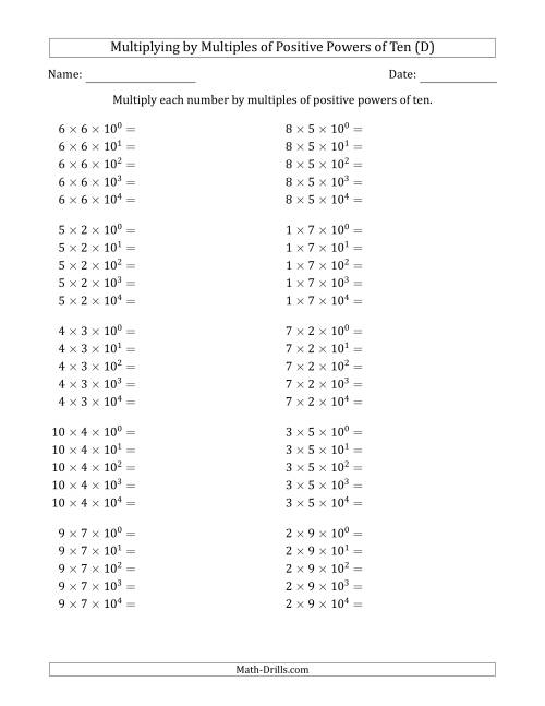 The Learning to Multiply Numbers (Range 1 to 10) by Multiples of Positive Powers of Ten in Exponent Form (D) Math Worksheet