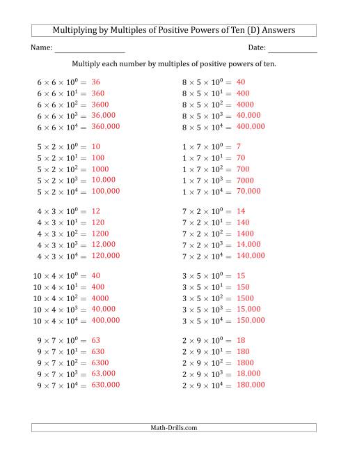 The Learning to Multiply Numbers (Range 1 to 10) by Multiples of Positive Powers of Ten in Exponent Form (D) Math Worksheet Page 2