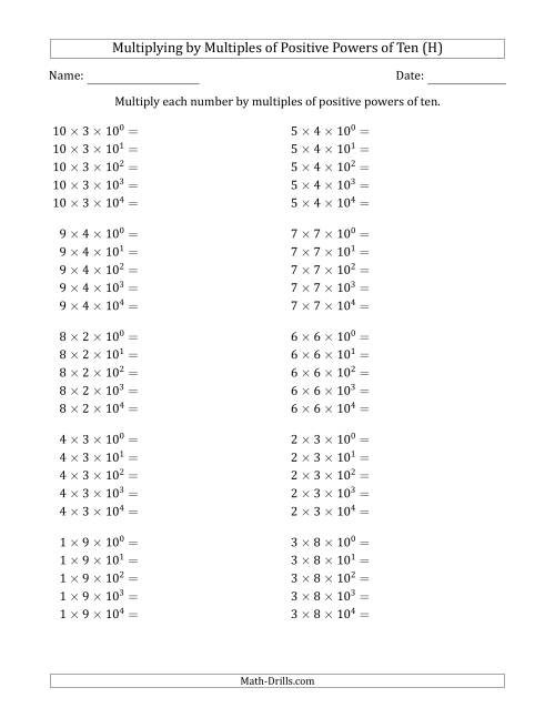 The Learning to Multiply Numbers (Range 1 to 10) by Multiples of Positive Powers of Ten in Exponent Form (H) Math Worksheet