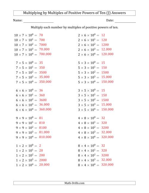 The Learning to Multiply Numbers (Range 1 to 10) by Multiples of Positive Powers of Ten in Exponent Form (J) Math Worksheet Page 2