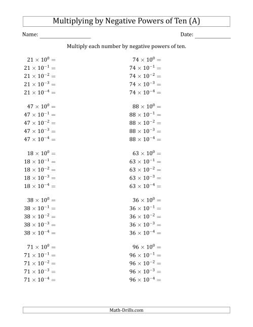 The Learning to Multiply Numbers (Range 10 to 99) by Negative Powers of Ten in Exponent Form (A) Math Worksheet
