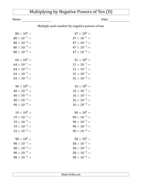 The Learning to Multiply Numbers (Range 10 to 99) by Negative Powers of Ten in Exponent Form (D) Math Worksheet