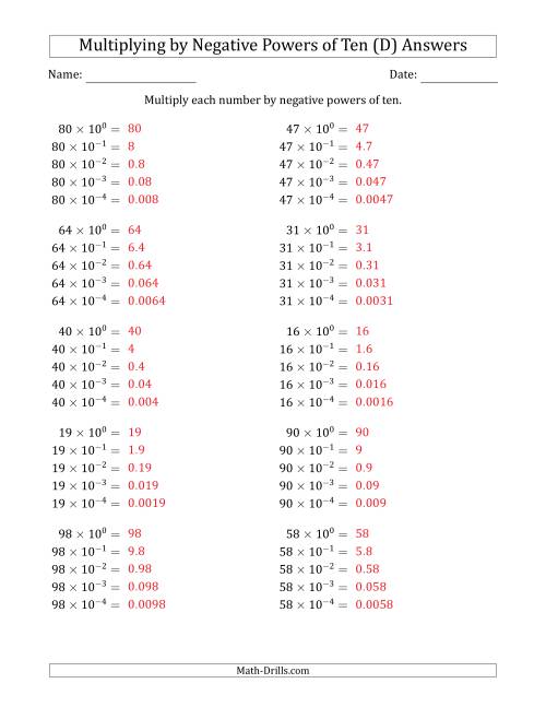 The Learning to Multiply Numbers (Range 10 to 99) by Negative Powers of Ten in Exponent Form (D) Math Worksheet Page 2