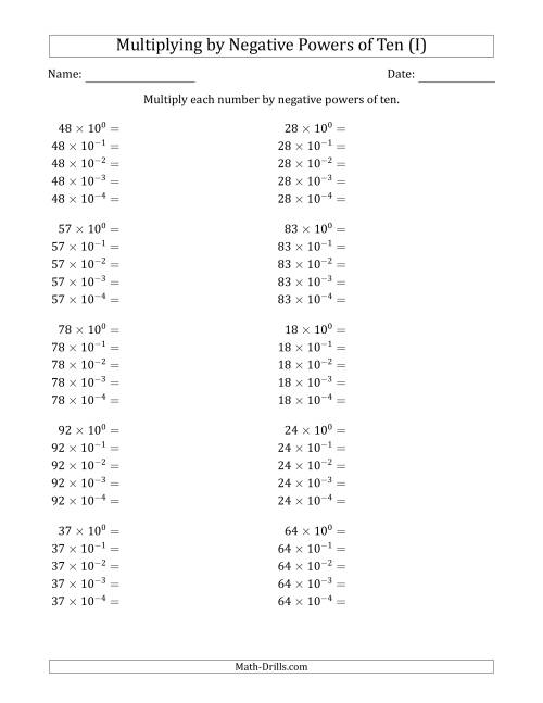 The Learning to Multiply Numbers (Range 10 to 99) by Negative Powers of Ten in Exponent Form (I) Math Worksheet