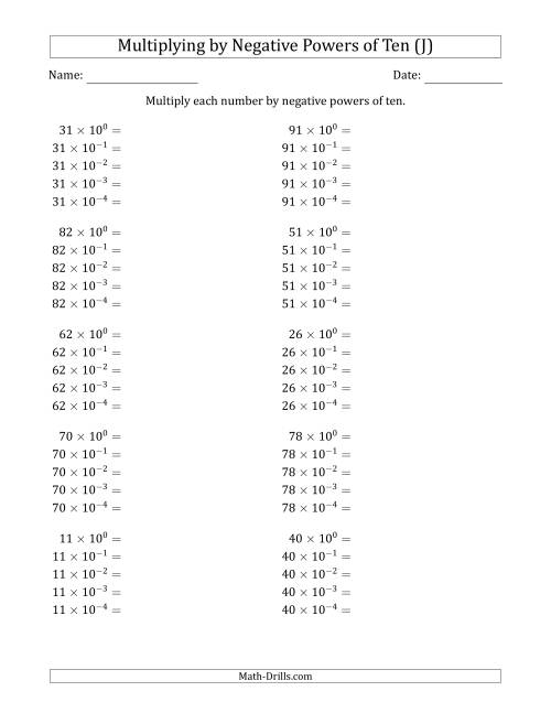 The Learning to Multiply Numbers (Range 10 to 99) by Negative Powers of Ten in Exponent Form (J) Math Worksheet