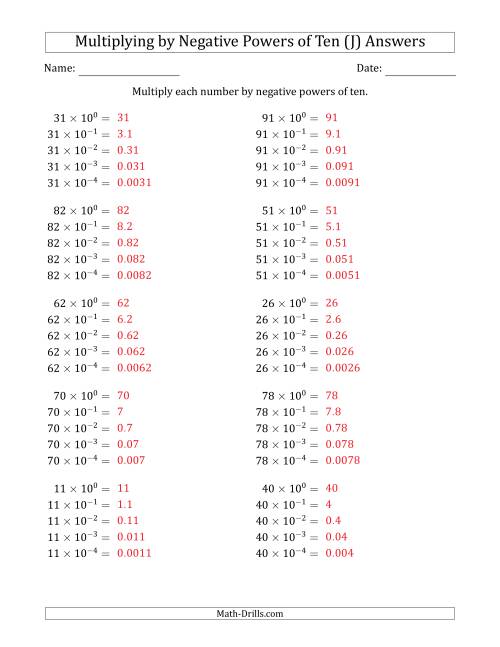 The Learning to Multiply Numbers (Range 10 to 99) by Negative Powers of Ten in Exponent Form (J) Math Worksheet Page 2