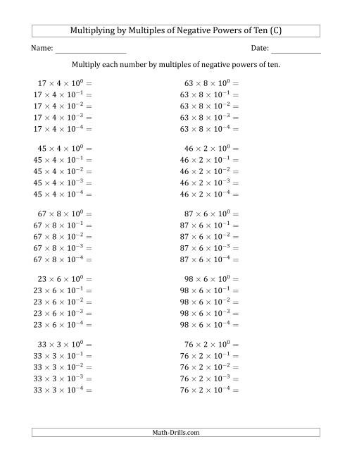 The Learning to Multiply Numbers (Range 10 to 99) by Multiples of Negative Powers of Ten in Exponent Form (C) Math Worksheet