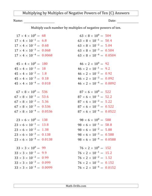 The Learning to Multiply Numbers (Range 10 to 99) by Multiples of Negative Powers of Ten in Exponent Form (C) Math Worksheet Page 2