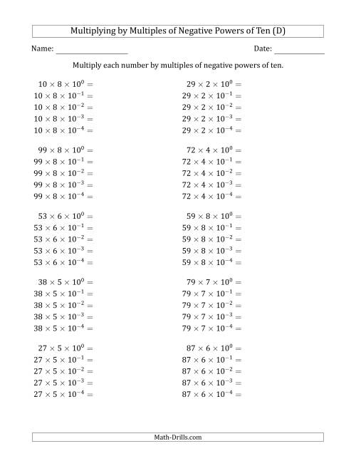 The Learning to Multiply Numbers (Range 10 to 99) by Multiples of Negative Powers of Ten in Exponent Form (D) Math Worksheet