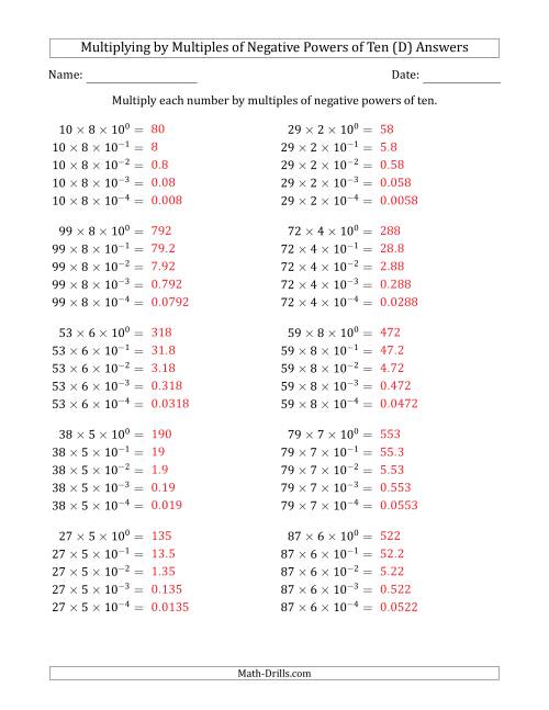 The Learning to Multiply Numbers (Range 10 to 99) by Multiples of Negative Powers of Ten in Exponent Form (D) Math Worksheet Page 2