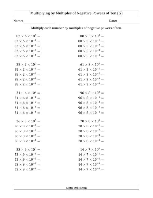 The Learning to Multiply Numbers (Range 10 to 99) by Multiples of Negative Powers of Ten in Exponent Form (G) Math Worksheet