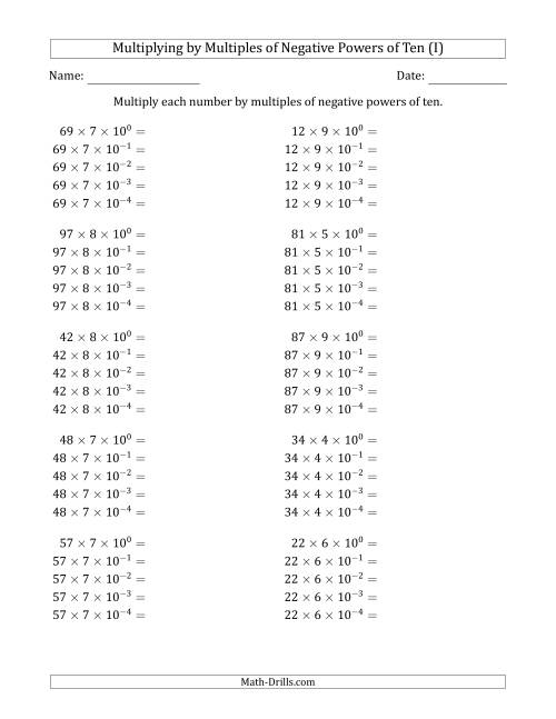 The Learning to Multiply Numbers (Range 10 to 99) by Multiples of Negative Powers of Ten in Exponent Form (I) Math Worksheet