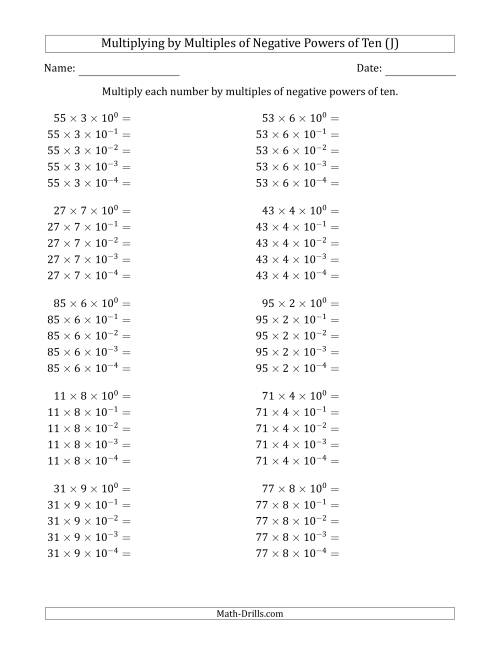 The Learning to Multiply Numbers (Range 10 to 99) by Multiples of Negative Powers of Ten in Exponent Form (J) Math Worksheet