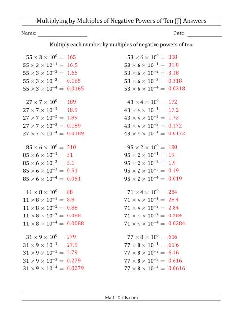 The Learning to Multiply Numbers (Range 10 to 99) by Multiples of Negative Powers of Ten in Exponent Form (J) Math Worksheet Page 2