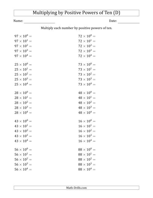The Learning to Multiply Numbers (Range 10 to 99) by Positive Powers of Ten in Exponent Form (D) Math Worksheet