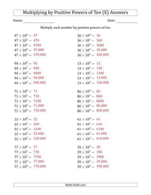 The Learning to Multiply Numbers (Range 10 to 99) by Positive Powers of Ten in Exponent Form (E) Math Worksheet Page 2