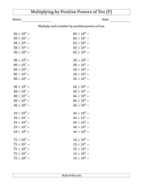 The Learning to Multiply Numbers (Range 10 to 99) by Positive Powers of Ten in Exponent Form (F) Math Worksheet