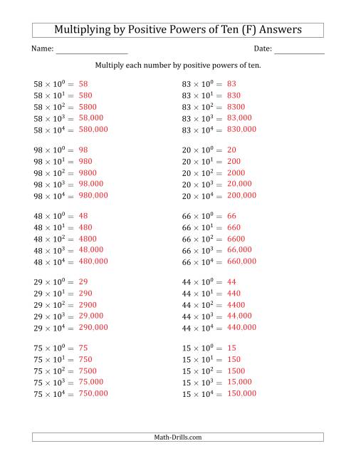 The Learning to Multiply Numbers (Range 10 to 99) by Positive Powers of Ten in Exponent Form (F) Math Worksheet Page 2
