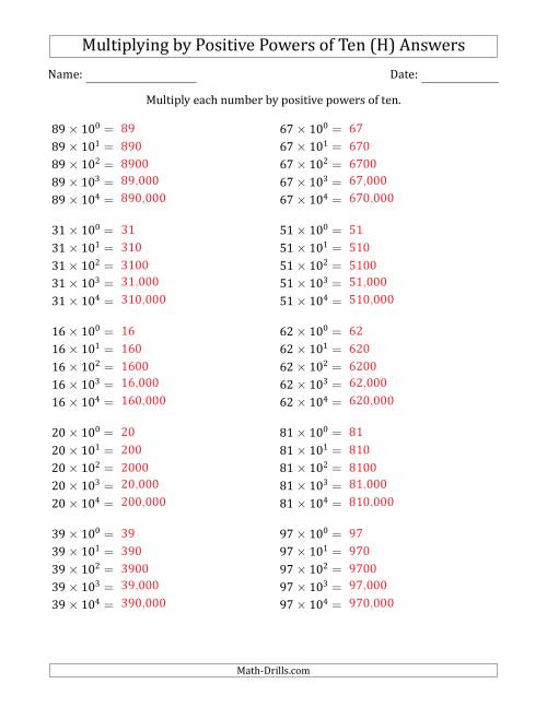 The Learning to Multiply Numbers (Range 10 to 99) by Positive Powers of Ten in Exponent Form (H) Math Worksheet Page 2