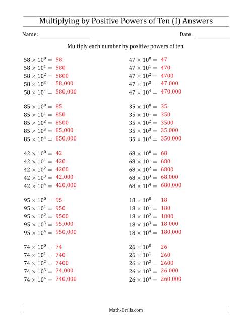 The Learning to Multiply Numbers (Range 10 to 99) by Positive Powers of Ten in Exponent Form (I) Math Worksheet Page 2
