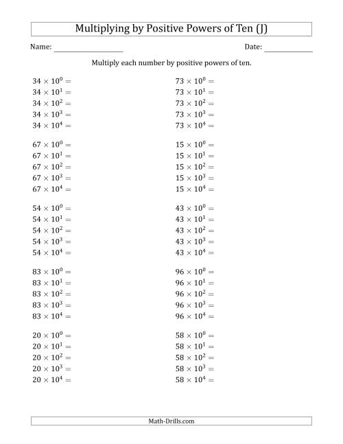 The Learning to Multiply Numbers (Range 10 to 99) by Positive Powers of Ten in Exponent Form (J) Math Worksheet