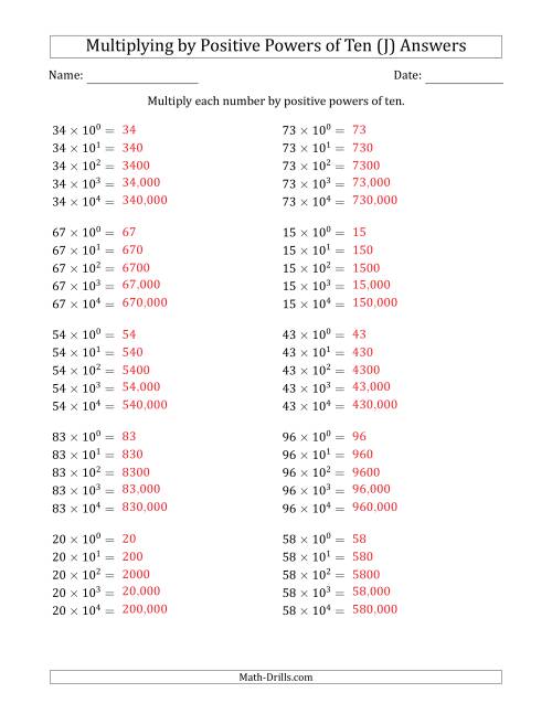The Learning to Multiply Numbers (Range 10 to 99) by Positive Powers of Ten in Exponent Form (J) Math Worksheet Page 2