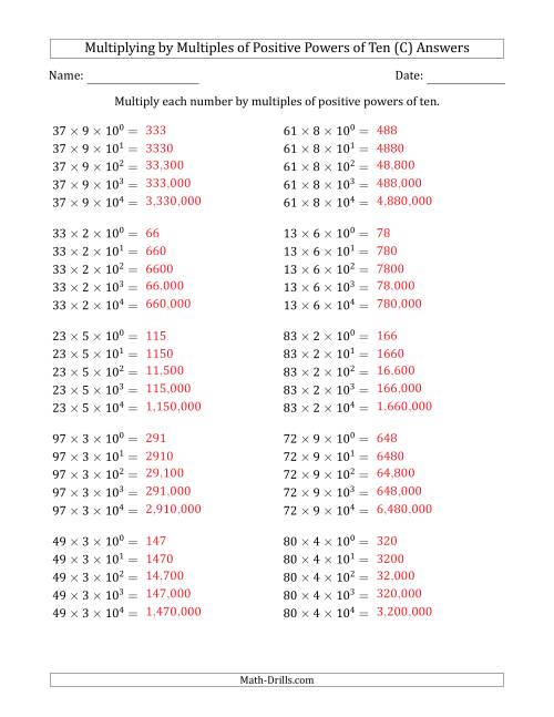 The Learning to Multiply Numbers (Range 10 to 99) by Multiples of Positive Powers of Ten in Exponent Form (C) Math Worksheet Page 2
