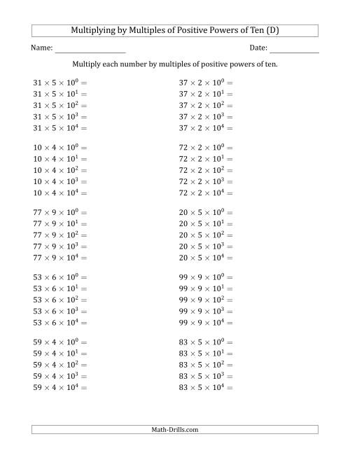 The Learning to Multiply Numbers (Range 10 to 99) by Multiples of Positive Powers of Ten in Exponent Form (D) Math Worksheet