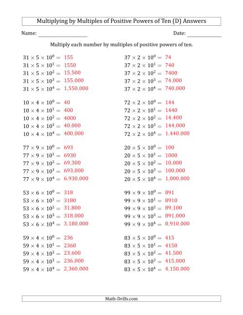 The Learning to Multiply Numbers (Range 10 to 99) by Multiples of Positive Powers of Ten in Exponent Form (D) Math Worksheet Page 2