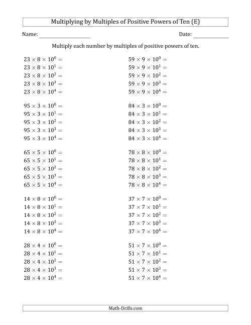 The Learning to Multiply Numbers (Range 10 to 99) by Multiples of Positive Powers of Ten in Exponent Form (E) Math Worksheet
