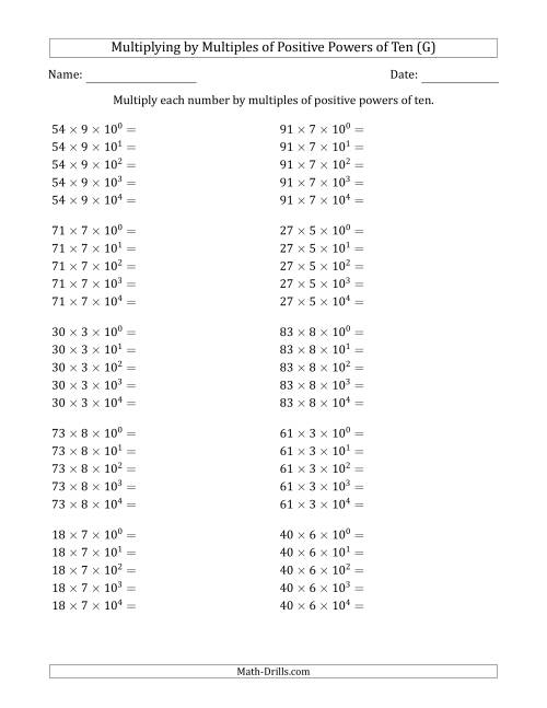 The Learning to Multiply Numbers (Range 10 to 99) by Multiples of Positive Powers of Ten in Exponent Form (G) Math Worksheet