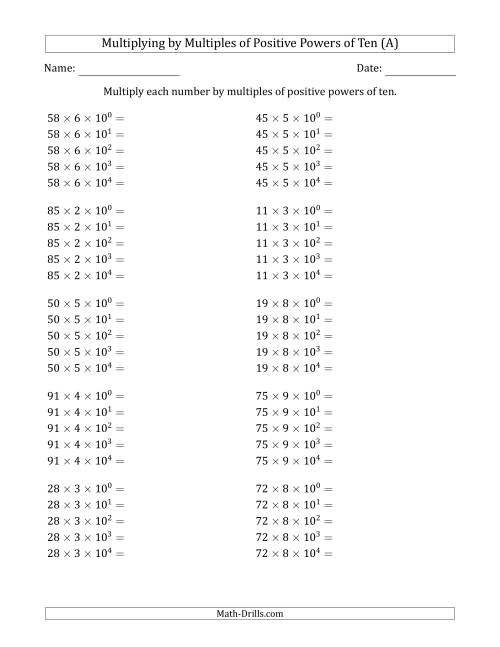 The Learning to Multiply Numbers (Range 10 to 99) by Multiples of Positive Powers of Ten in Exponent Form (All) Math Worksheet