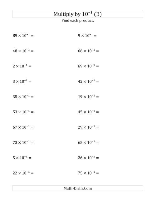 The Multiplying Whole Numbers by 10<sup>-1</sup> (B) Math Worksheet