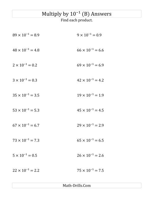 The Multiplying Whole Numbers by 10<sup>-1</sup> (B) Math Worksheet Page 2