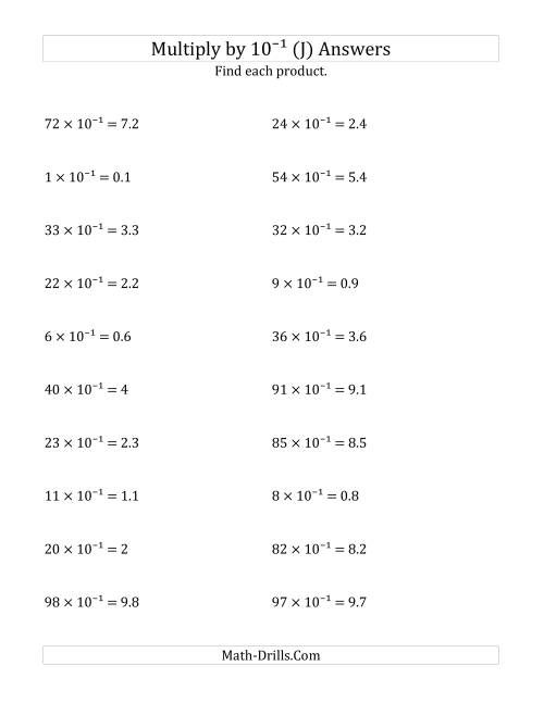 The Multiplying Whole Numbers by 10<sup>-1</sup> (J) Math Worksheet Page 2