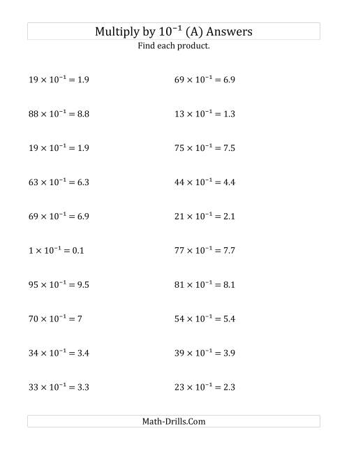 The Multiplying Whole Numbers by 10<sup>-1</sup> (All) Math Worksheet Page 2