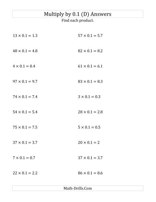 The Multiplying Whole Numbers by 0.1 (D) Math Worksheet Page 2