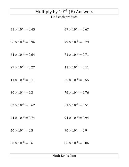 The Multiplying Whole Numbers by 10<sup>-2</sup> (F) Math Worksheet Page 2