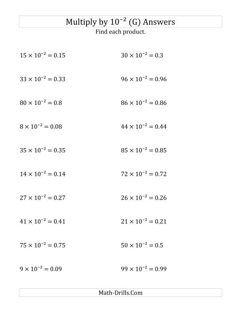 The Multiplying Whole Numbers by 10<sup>-2</sup> (G) Math Worksheet Page 2