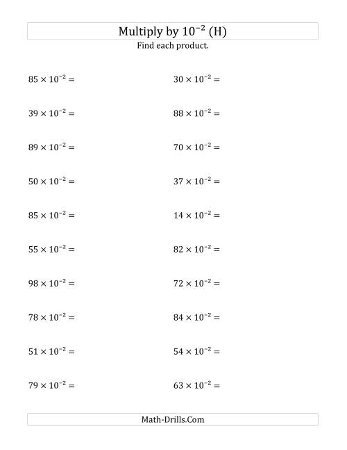 The Multiplying Whole Numbers by 10<sup>-2</sup> (H) Math Worksheet