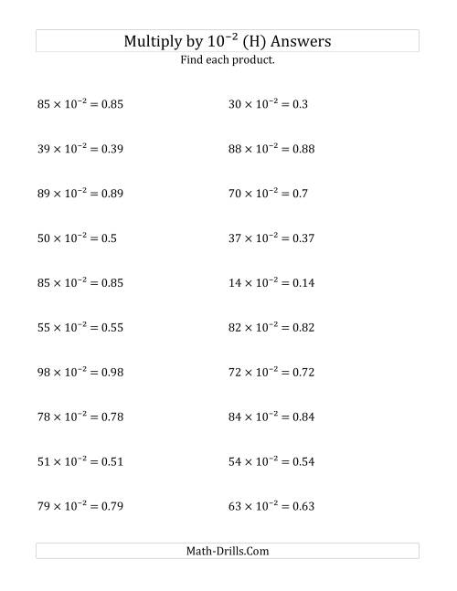 The Multiplying Whole Numbers by 10<sup>-2</sup> (H) Math Worksheet Page 2